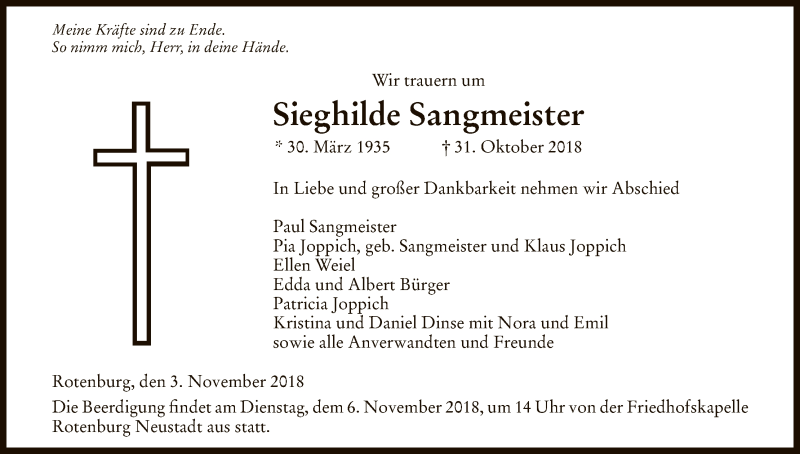  Traueranzeige für Sieghilde Sangmeister vom 03.11.2018 aus HNA
