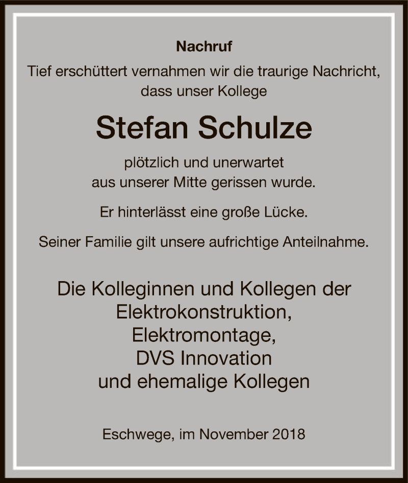  Traueranzeige für Stefan Schulze vom 03.11.2018 aus HNA