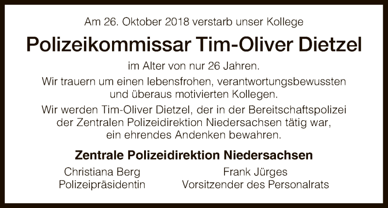  Traueranzeige für Tim-Oliver Dietzel vom 03.11.2018 aus HNA