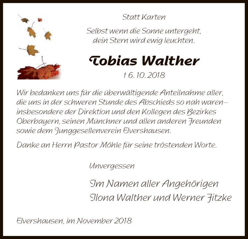  Traueranzeige für Tobias Walther vom 17.11.2018 aus HNA