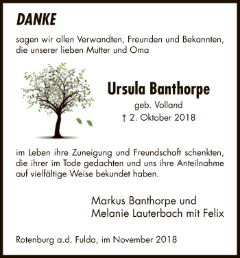 Traueranzeige von Ursula Banthorpe von HNA