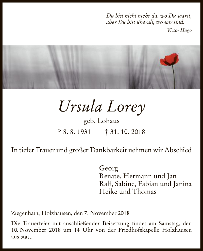  Traueranzeige für Ursula Lorey vom 07.11.2018 aus HNA