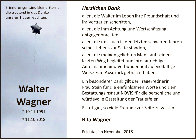  Traueranzeige für Walter Wagner vom 10.11.2018 aus HNA