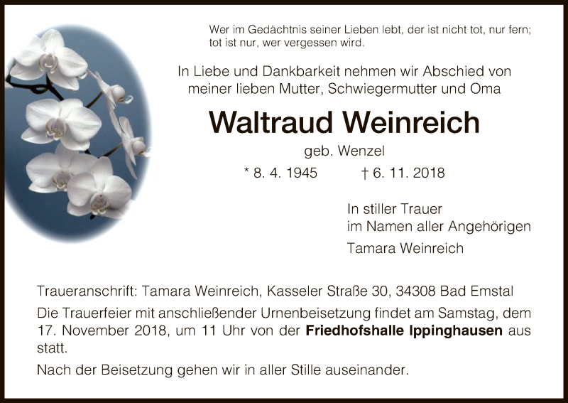  Traueranzeige für Waltraud Weinreich vom 10.11.2018 aus HNA