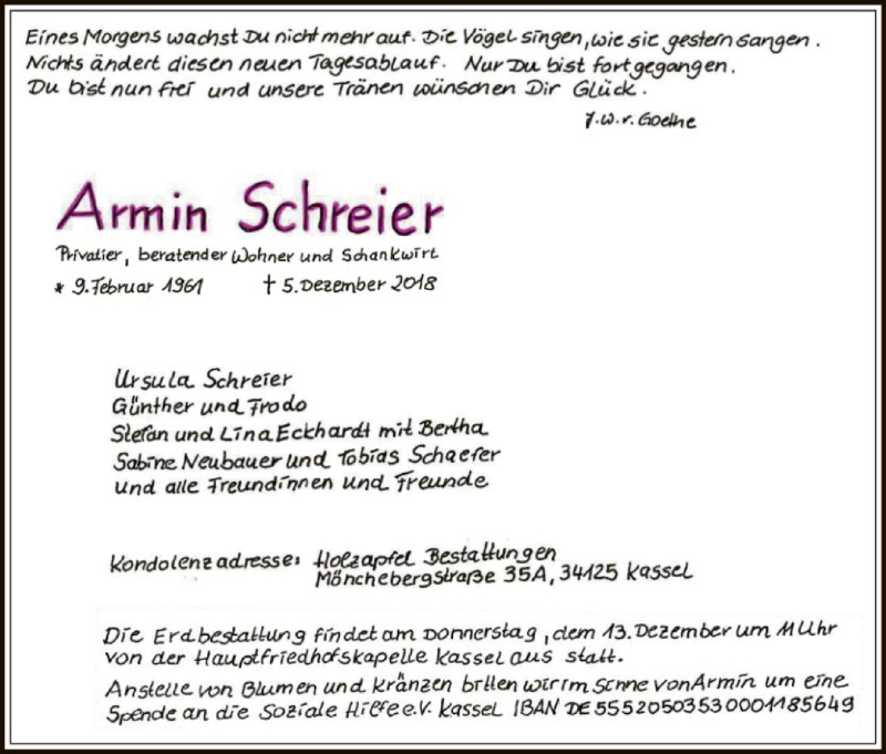  Traueranzeige für Armin Schreier vom 08.12.2018 aus HNA