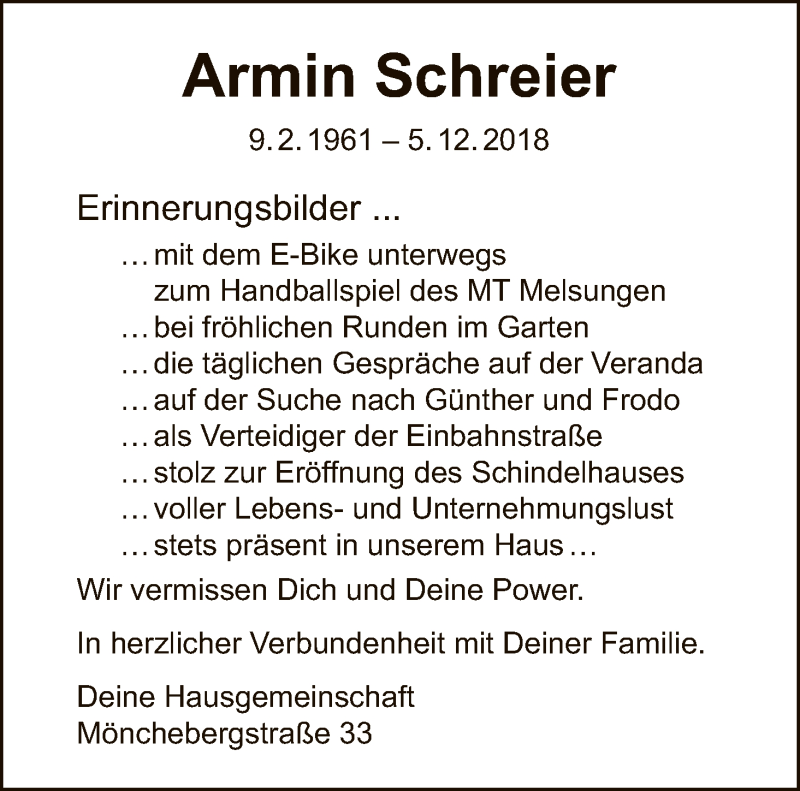  Traueranzeige für Armin Schreier vom 11.12.2018 aus HNA