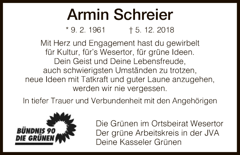  Traueranzeige für Armin Schreier vom 08.12.2018 aus HNA
