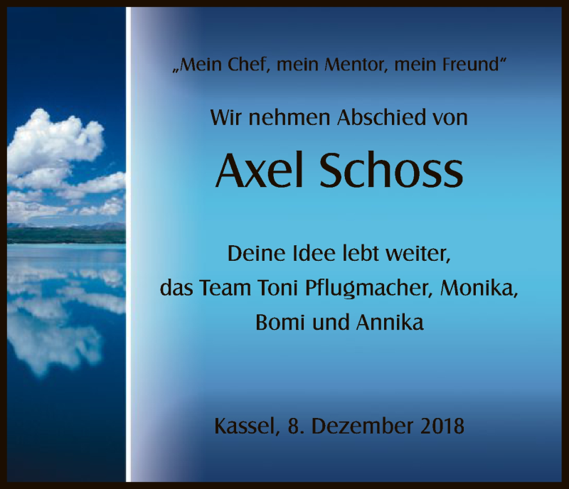  Traueranzeige für Axel Schoss vom 08.12.2018 aus HNA