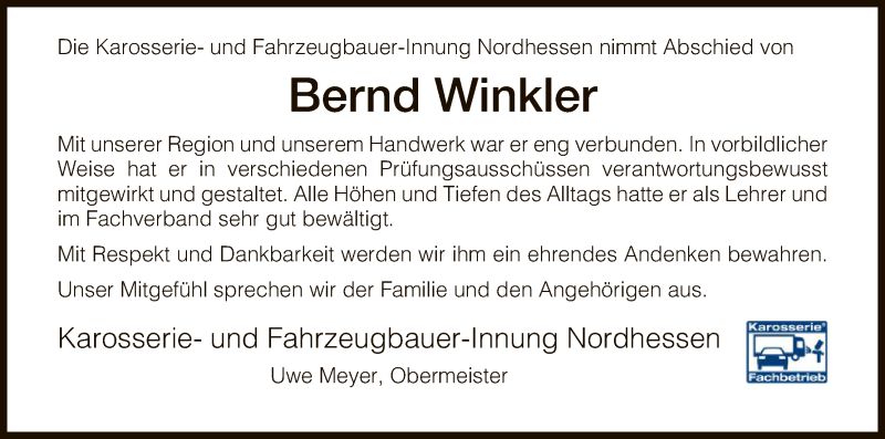  Traueranzeige für Bernd Winkler vom 06.12.2018 aus HNA