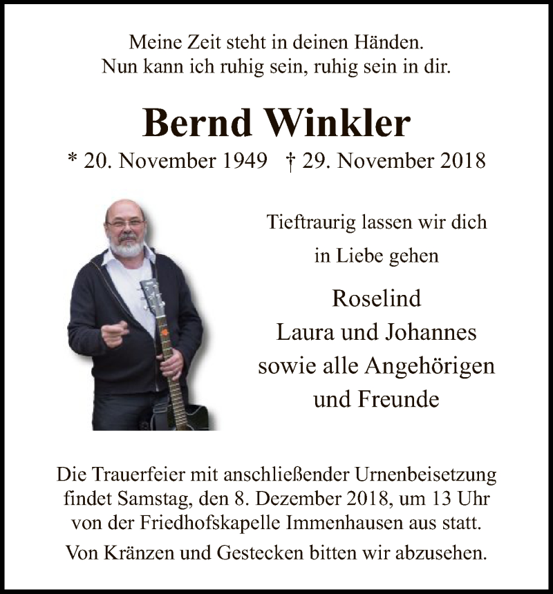 Traueranzeige für Bernd Winkler vom 05.12.2018 aus HNA