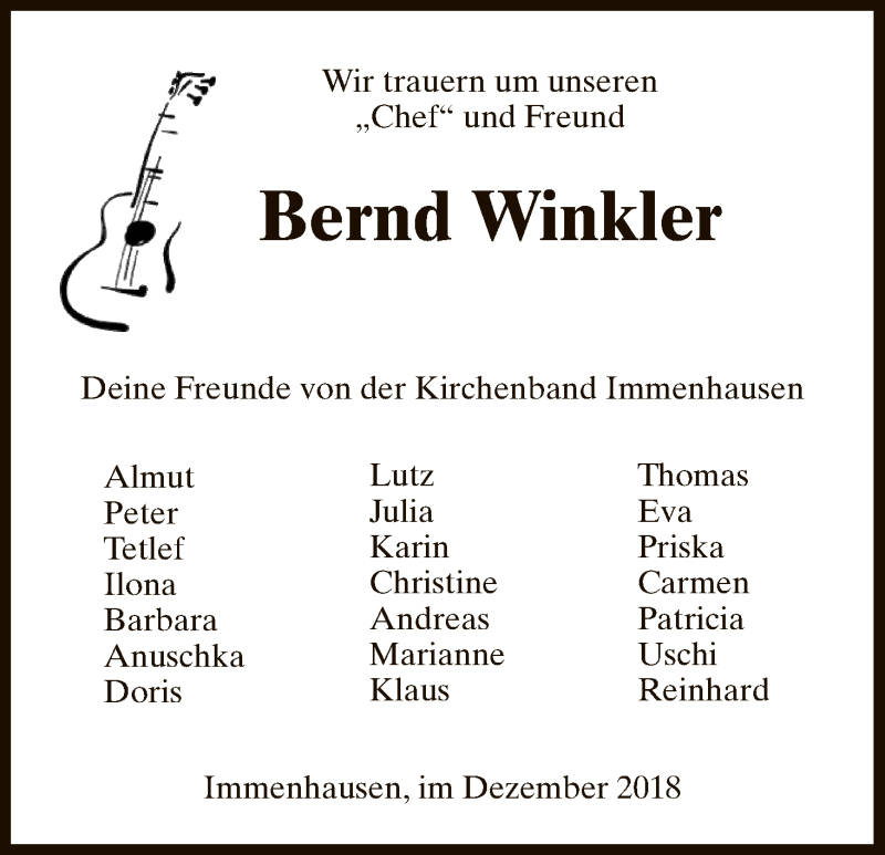  Traueranzeige für Bernd Winkler vom 05.12.2018 aus HNA