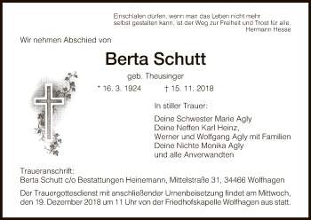 Traueranzeige von Berta Schutt von HNA