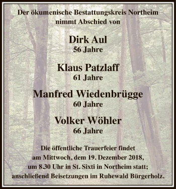 Traueranzeige von Der ökumenische Bestattungskreis Northeim nimmt Abschied von von HNA