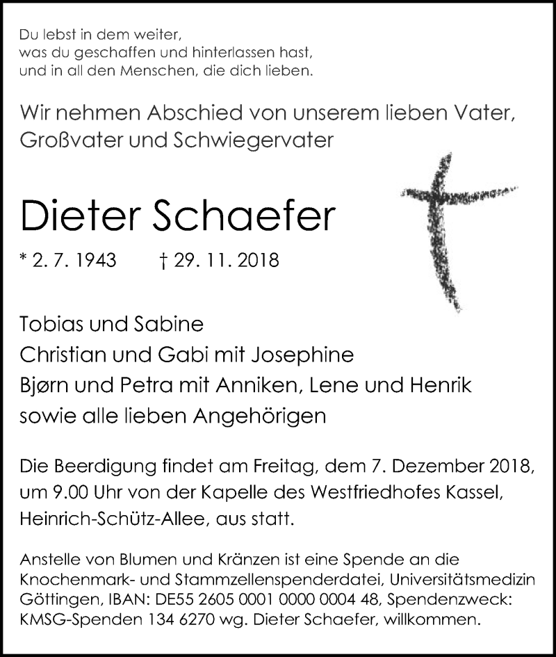  Traueranzeige für Dieter Schaefer vom 04.12.2018 aus HNA
