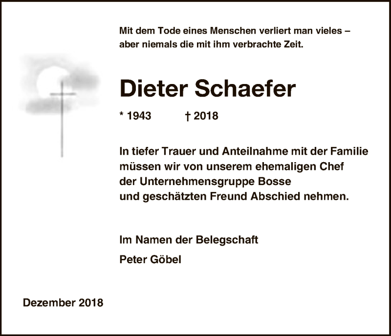  Traueranzeige für Dieter Schaefer vom 05.12.2018 aus HNA