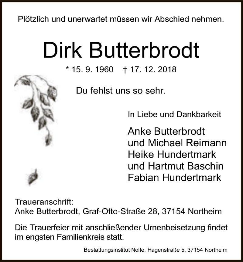 Traueranzeigen Von Dirk Butterbrodt | Trauer.HNA.de