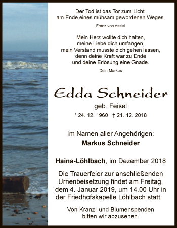 Traueranzeige von Edda Schneider von HNA