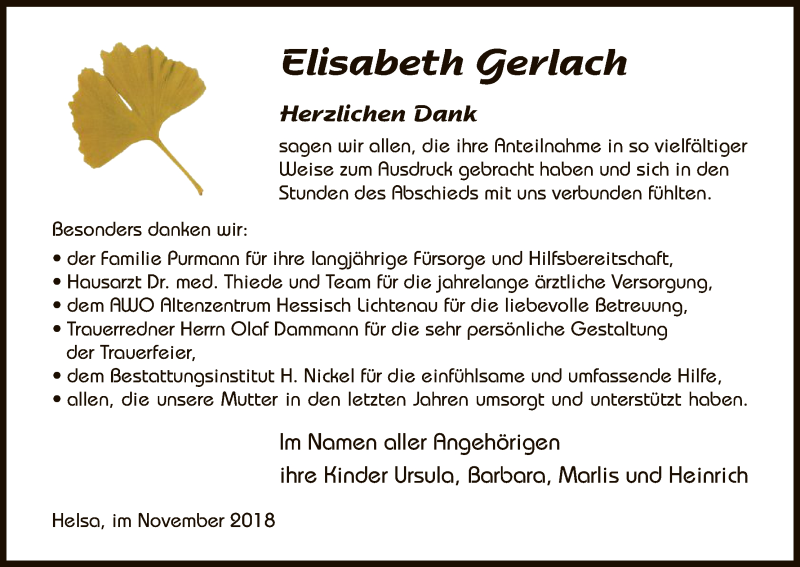  Traueranzeige für Elisabeth Gerlach vom 01.12.2018 aus HNA