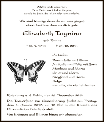 Traueranzeige von Elisabeth Tognino von HNA