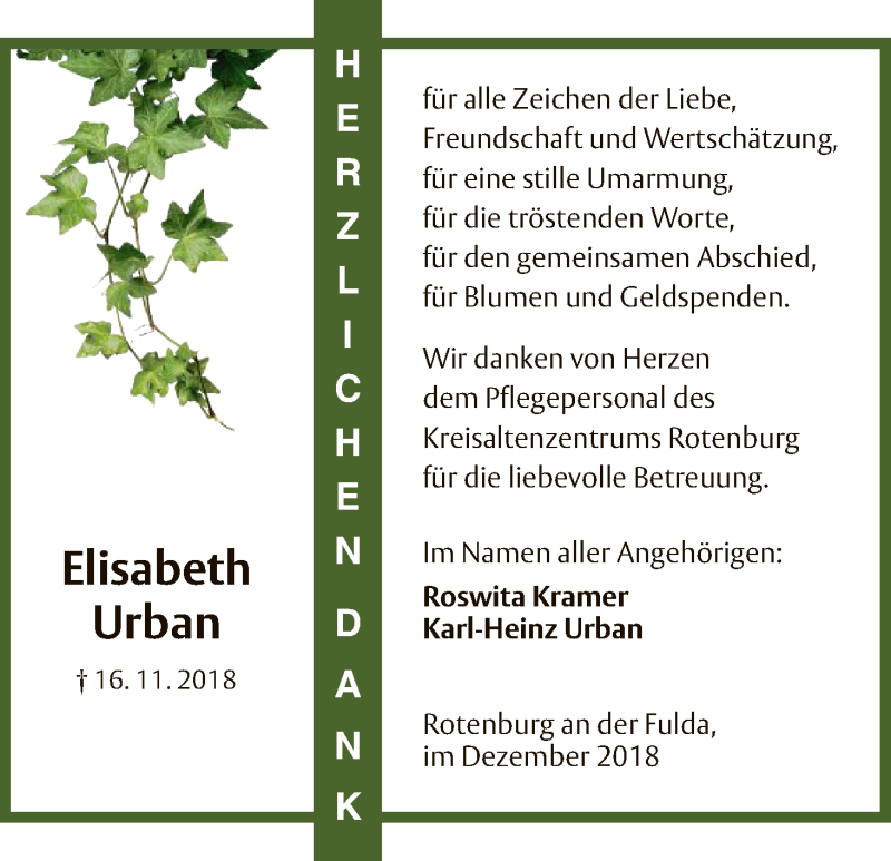  Traueranzeige für Elisabeth Urban vom 08.12.2018 aus HNA
