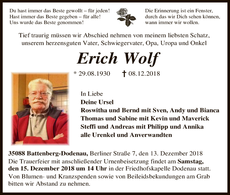 Traueranzeige für Erich Wolf vom 13.12.2018 aus HNA