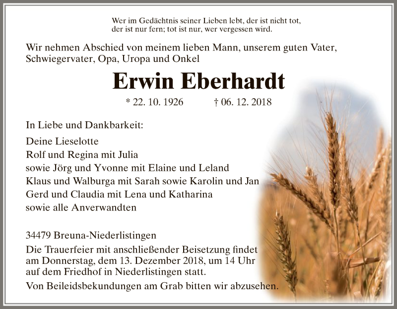  Traueranzeige für Erwin Eberhardt vom 11.12.2018 aus HNA