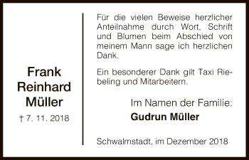 Traueranzeige von Frank Reinhard Müller von HNA