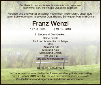 Traueranzeige von Franz Wenzl von HNA