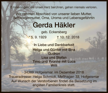 Traueranzeige von Gerda Häkler von HNA