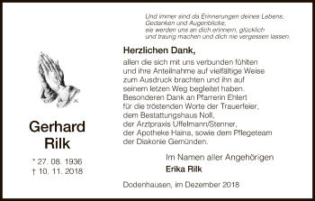 Traueranzeige von Gerhard Rilk von HNA