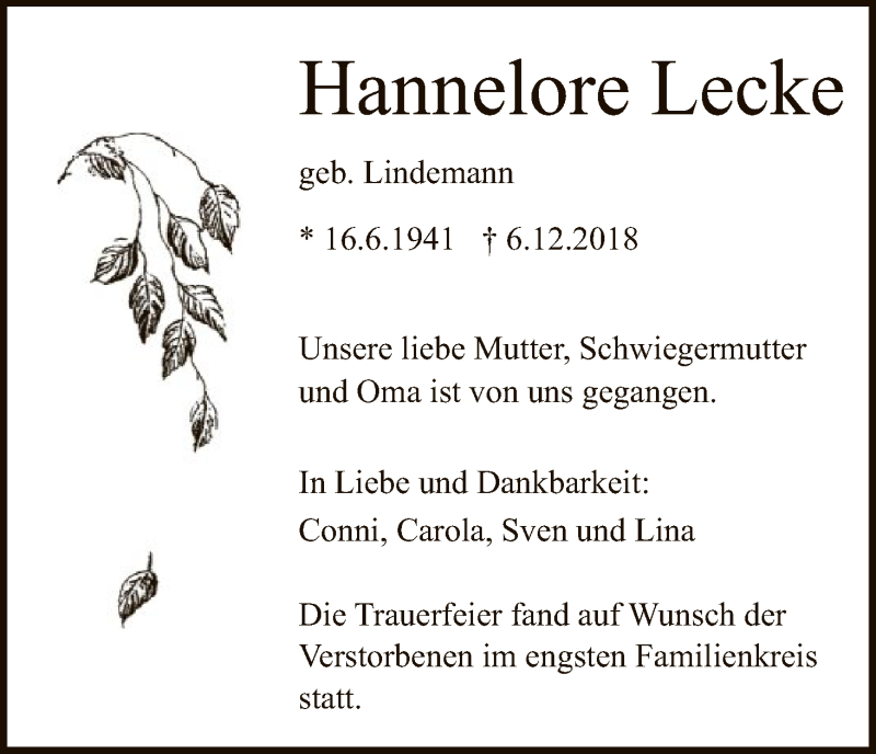  Traueranzeige für Hannelore Lecke vom 29.12.2018 aus HNA