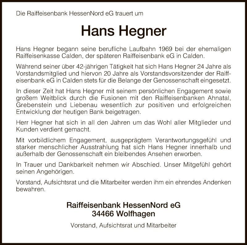  Traueranzeige für Hans Hegner vom 15.12.2018 aus HNA