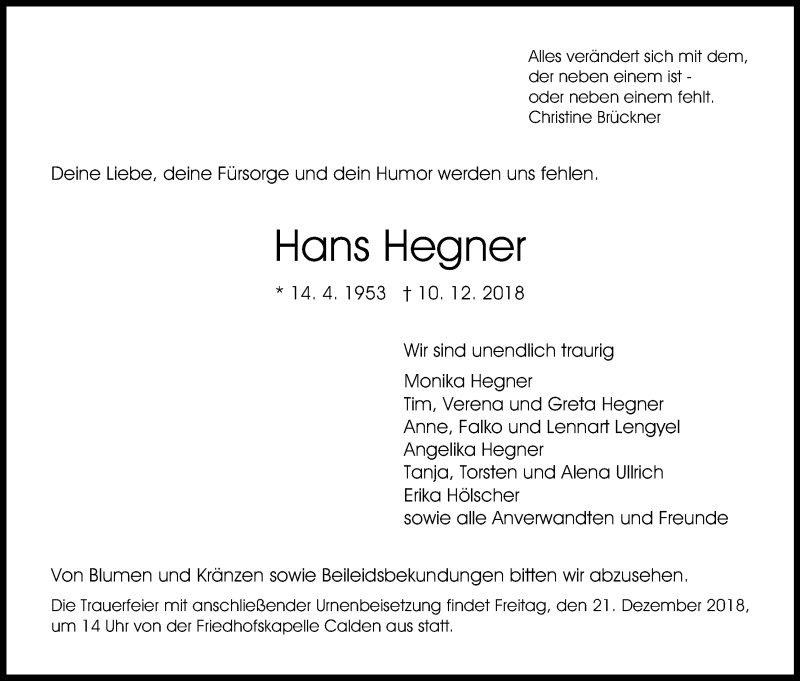 Traueranzeige für Hans Hegner vom 15.12.2018 aus HNA