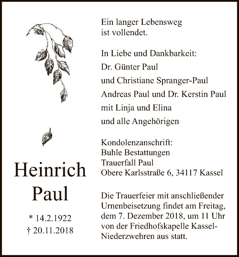  Traueranzeige für Heinrich Paul vom 01.12.2018 aus HNA