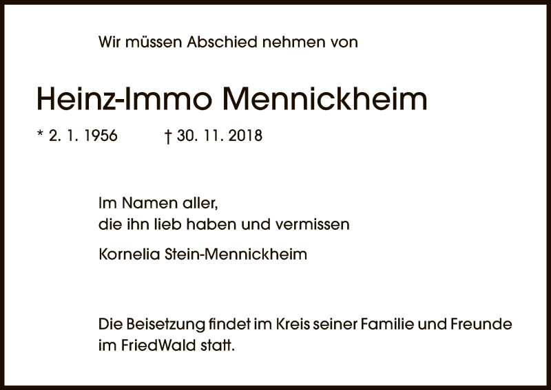  Traueranzeige für Heinz-Immo Mennickheim vom 15.12.2018 aus HNA