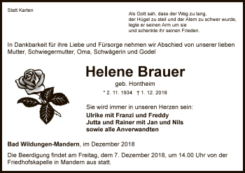 Traueranzeige von Helene Brauer von HNA