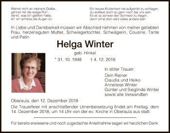 Traueranzeige von Helga Winter von HNA