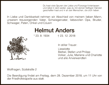 Traueranzeige von Helmut Anders von HNA