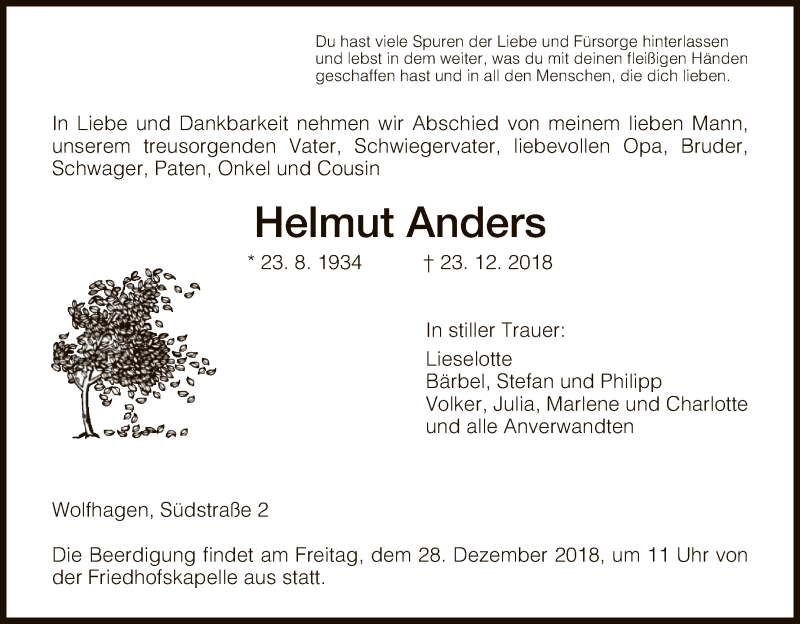  Traueranzeige für Helmut Anders vom 27.12.2018 aus HNA