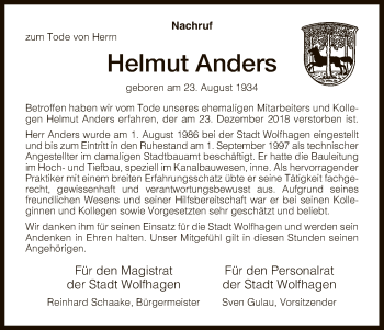 Traueranzeige von Helmut Anders von HNA