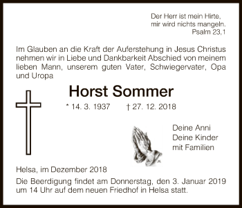 Traueranzeige von Horst Sommer von HNA