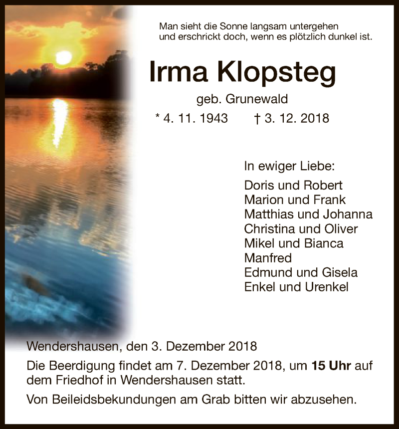 Traueranzeige für Irma Klopsteg vom 06.12.2018 aus HNA