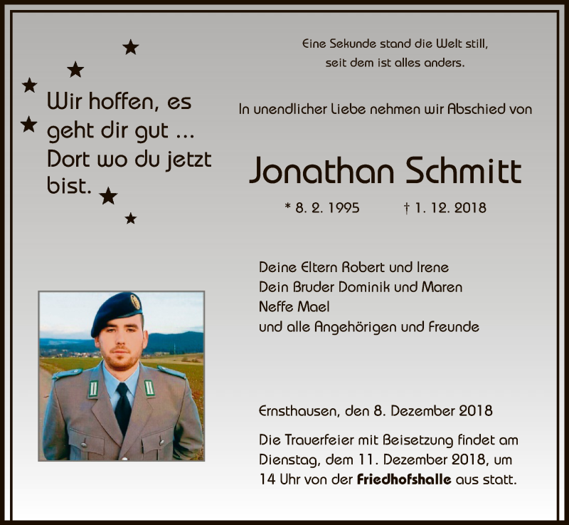  Traueranzeige für Jonathan Schmitt vom 08.12.2018 aus HNA