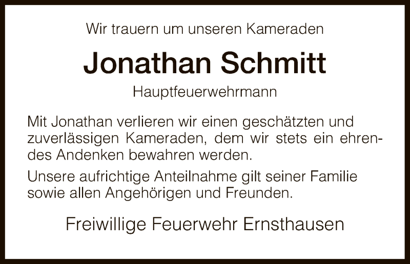  Traueranzeige für Jonathan Schmitt vom 10.12.2018 aus HNA