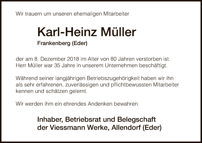  Traueranzeige für Karl-Heinz Müller vom 14.12.2018 aus HNA