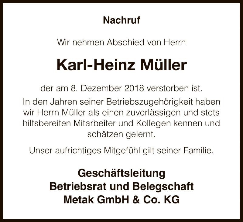  Traueranzeige für Karl-Heinz Müller vom 14.12.2018 aus HNA