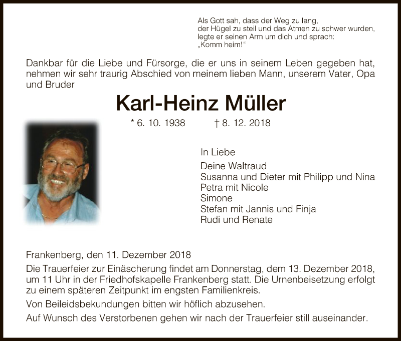  Traueranzeige für Karl-Heinz Müller vom 11.12.2018 aus HNA