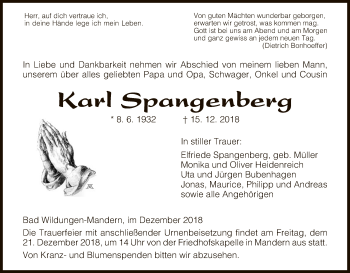 Traueranzeige von Karl Spangenberg von HNA