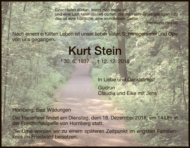  Traueranzeige für Kurt Stein vom 15.12.2018 aus HNA