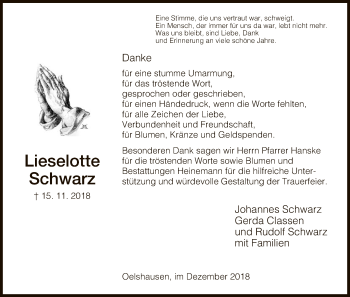 Traueranzeige von Lieselotte Schwarz von HNA